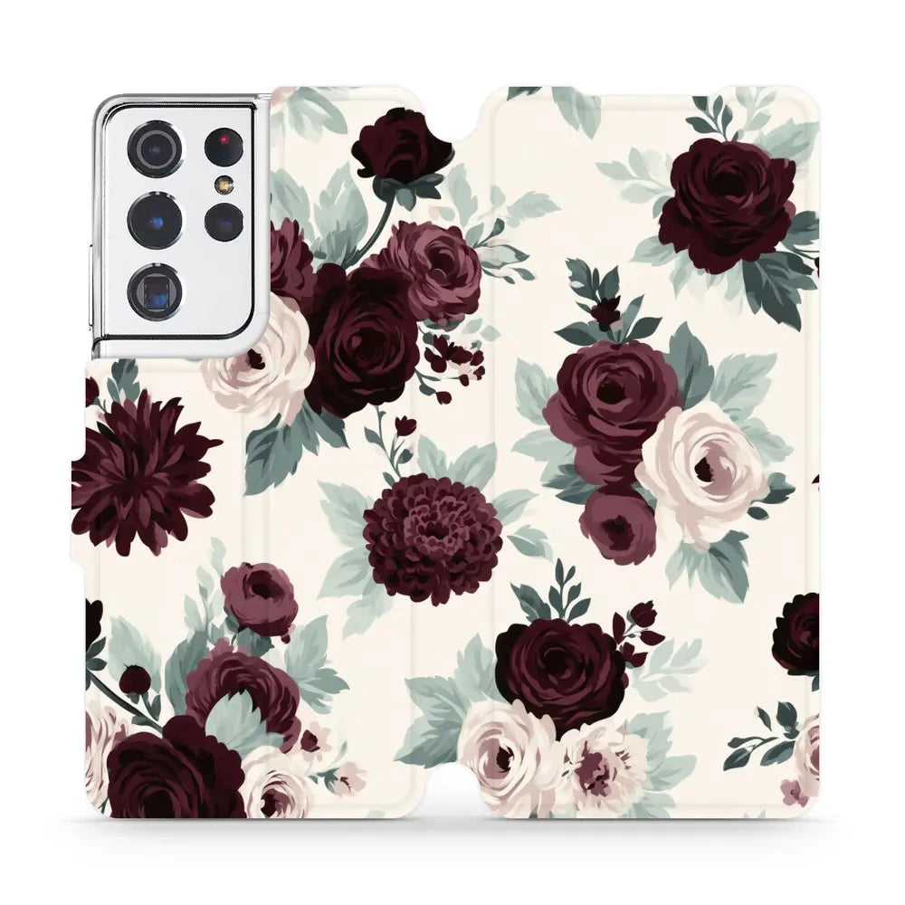 Handyhülle mit klappe für Galaxy S21 Ultra 5G, Mobiwear Book, Rosen mit Salbei auf Creme
