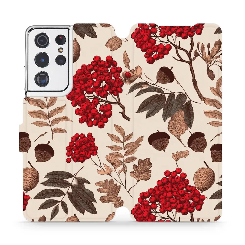 Handyhülle mit klappe für Galaxy S21 Ultra 5G, Mobiwear Book, Vogelbeeren auf Ecru