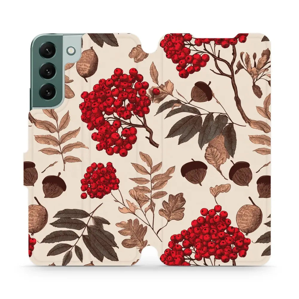 Handyhülle mit klappe für Galaxy S22 Plus 5G, Mobiwear Book, Vogelbeeren auf Ecru