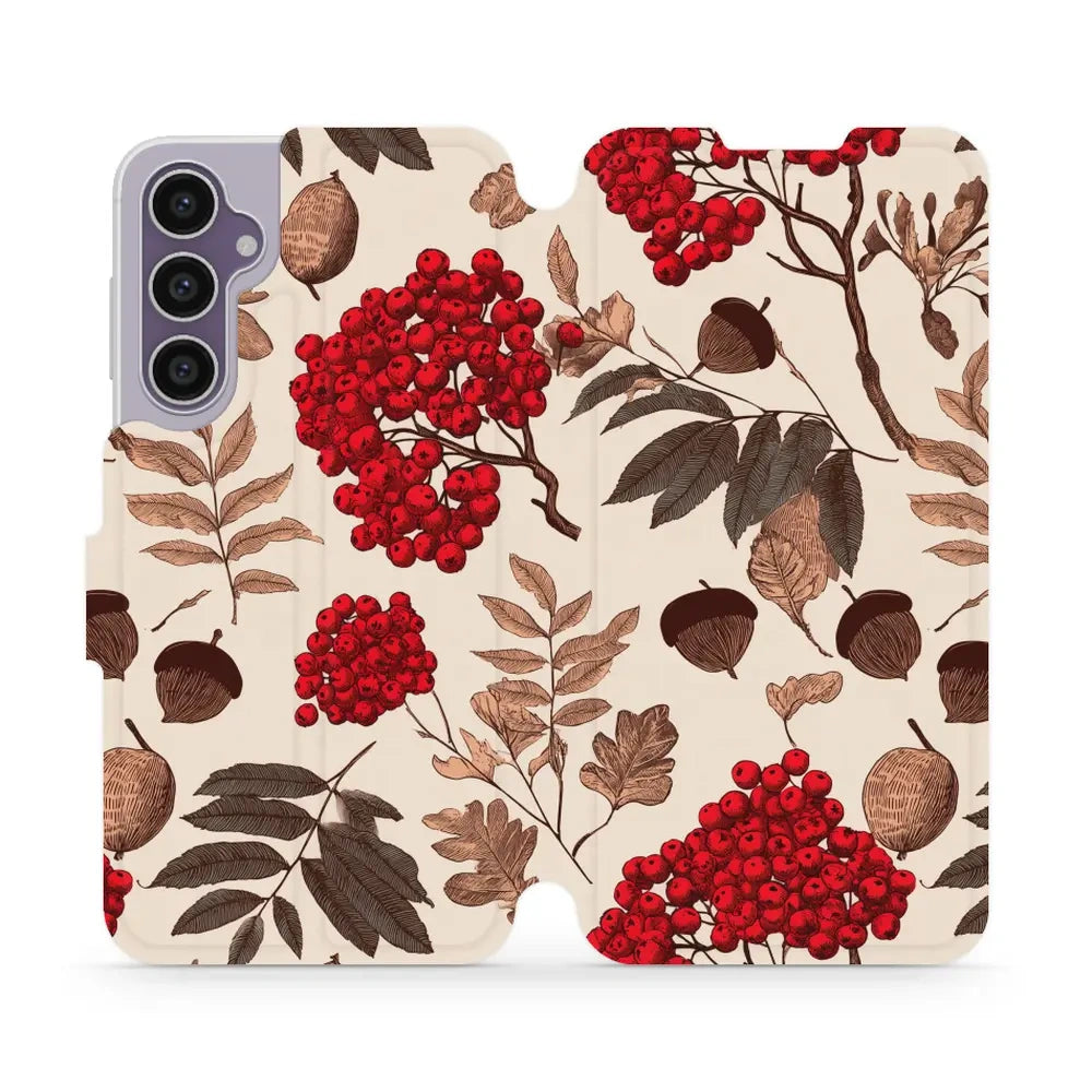 Handyhülle mit klappe für Galaxy S23 FE, Mobiwear Book, Vogelbeeren auf Ecru