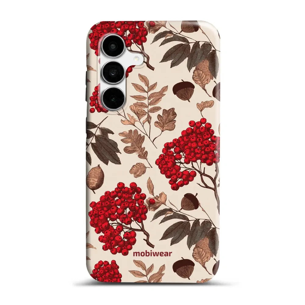 Handyhülle für Galaxy S25 FE, Mobiwear Elite Pro, Vogelbeeren auf Ecru