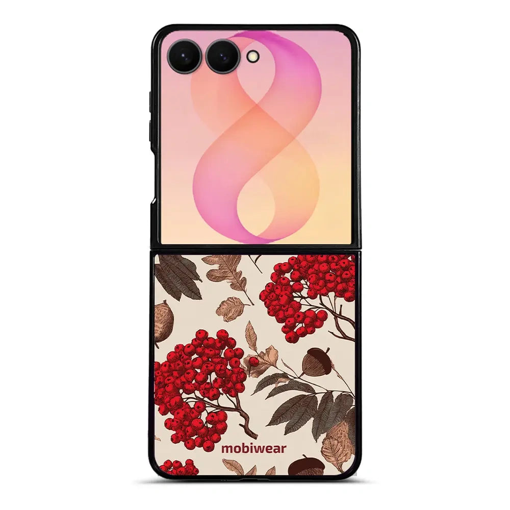 Handyhülle für Galaxy Z Flip8, Mobiwear Glossy Case, Vogelbeeren auf Ecru