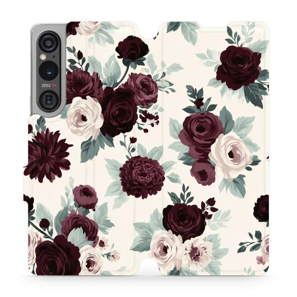 Handyhülle mit klappe für Sony Xperia 1 V, Mobiwear Book, Rosen mit Salbei auf Creme