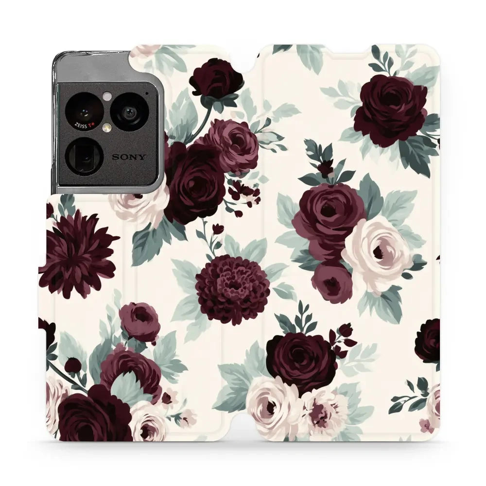 Handyhülle mit klappe für Sony Xperia 1 VIII, Mobiwear Book, Rosen mit Salbei auf Creme