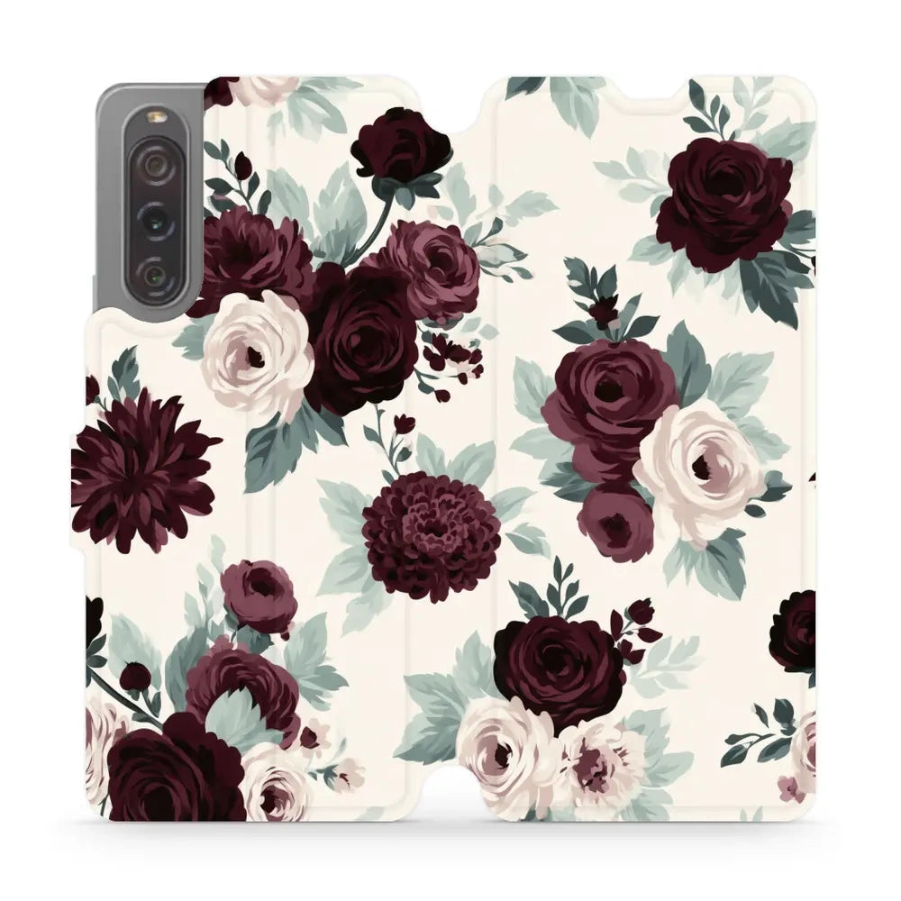 Handyhülle mit klappe für Sony Xperia 10 V, Mobiwear Book, Rosen mit Salbei auf Creme