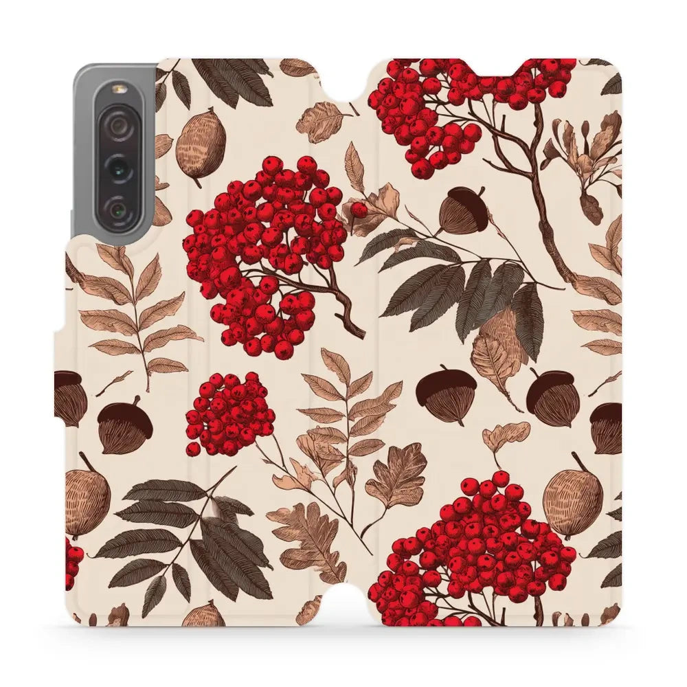 Handyhülle mit klappe für Sony Xperia 10 V, Mobiwear Book, Vogelbeeren auf Ecru
