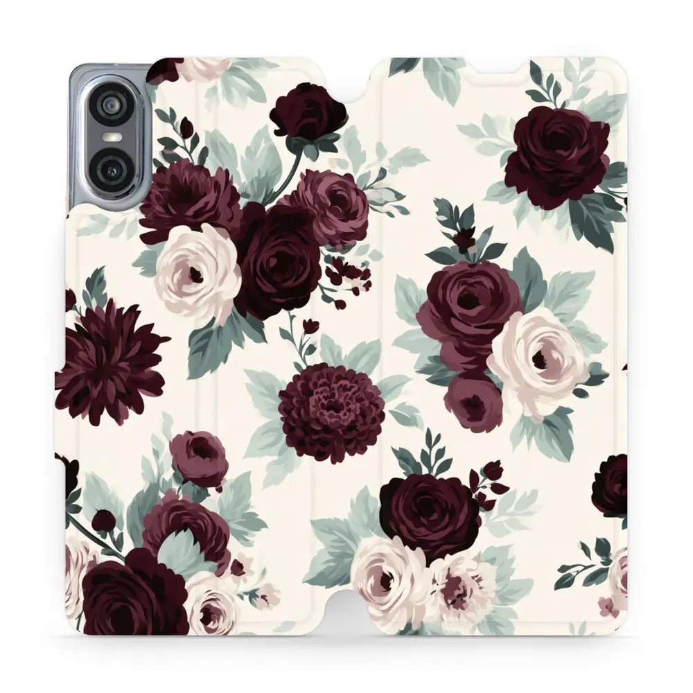 Handyhülle mit klappe für Sony Xperia 10 VI, Mobiwear Book, Rosen mit Salbei auf Creme