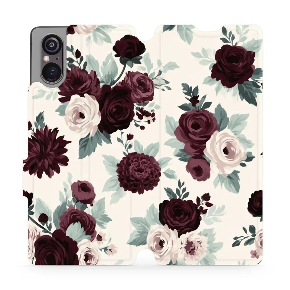 Handyhülle mit klappe für Sony Xperia 5 V, Mobiwear Book, Rosen mit Salbei auf Creme