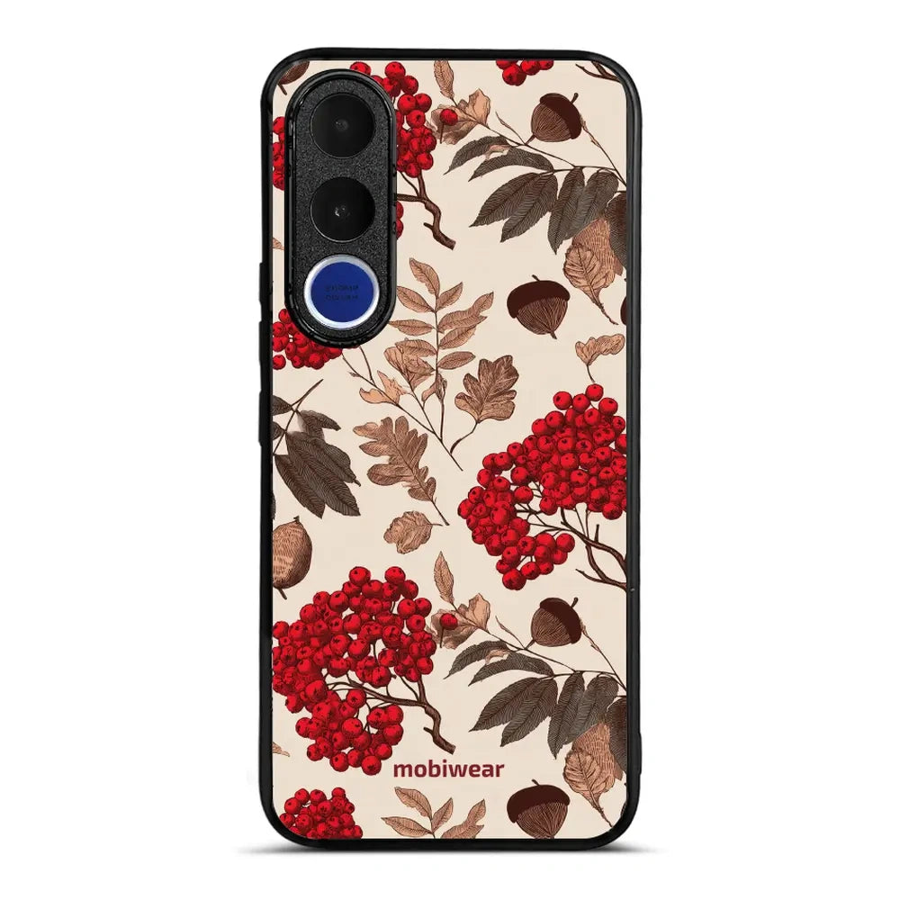 Handyhülle für vivo V70 FE 5G, Mobiwear Glossy Case, Vogelbeeren auf Ecru