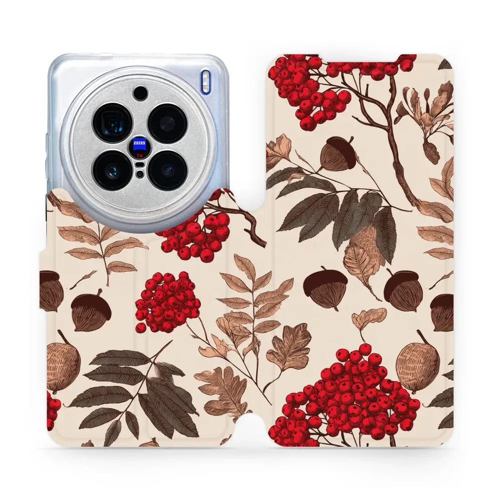 Handyhülle mit klappe für vivo X200 Pro, Mobiwear Book, Vogelbeeren auf Ecru
