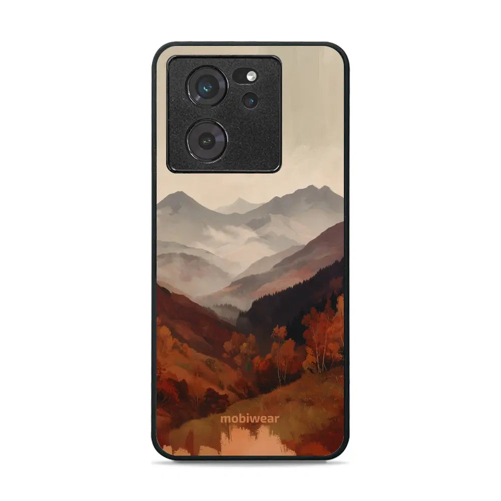 Handyhülle für Xiaomi 13T, Mobiwear Glossy Case, Nebliges Tal in den Bergen