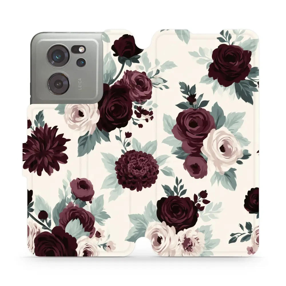 Handyhülle mit klappe für Xiaomi 13T, Mobiwear Book, Rosen mit Salbei auf Creme