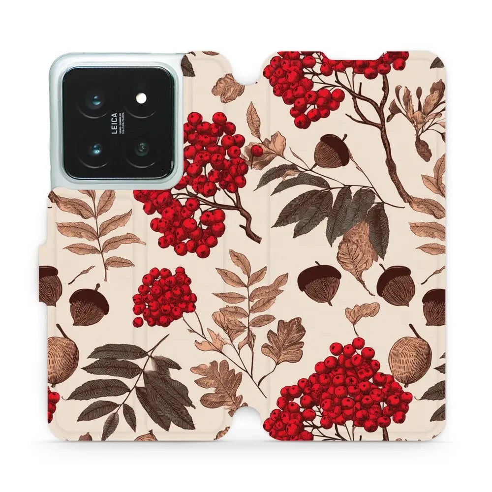 Handyhülle mit klappe für Xiaomi 14 Pro, Mobiwear Book, Vogelbeeren auf Ecru