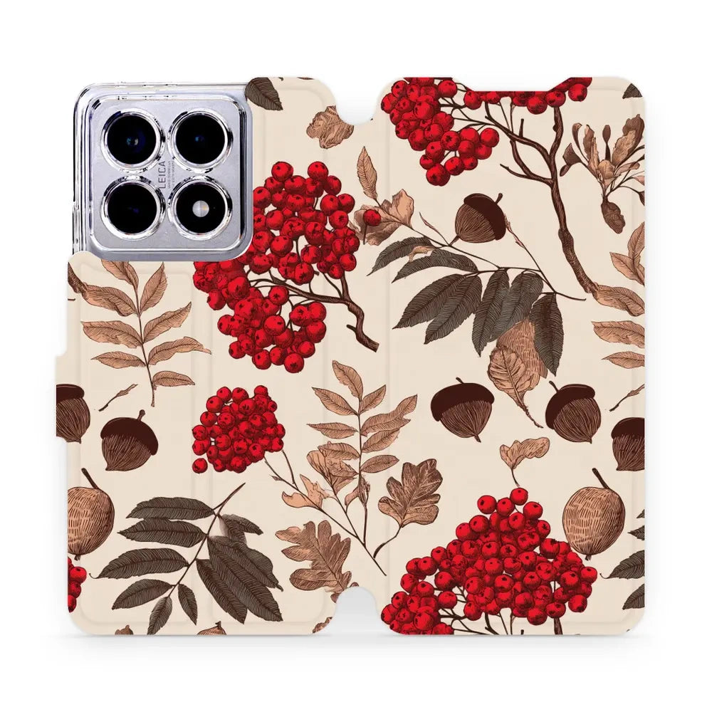 Handyhülle mit klappe für Xiaomi 14T Pro, Mobiwear Book, Vogelbeeren auf Ecru