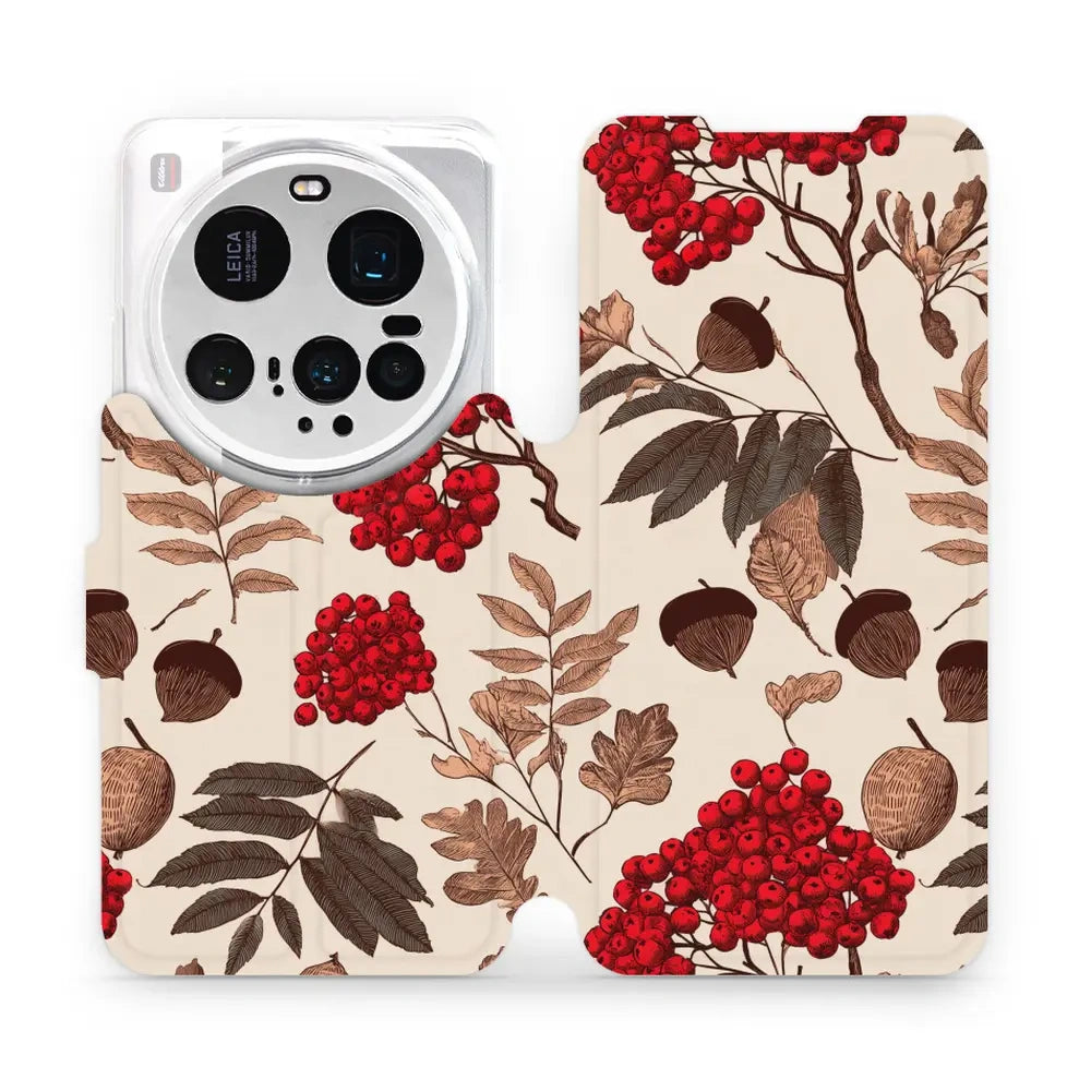 Handyhülle mit klappe für Xiaomi 15 Ultra, Mobiwear Book, Vogelbeeren auf Ecru