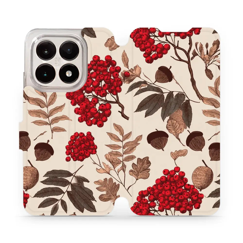 Handyhülle mit klappe für Xiaomi 15T, Mobiwear Book, Vogelbeeren auf Ecru