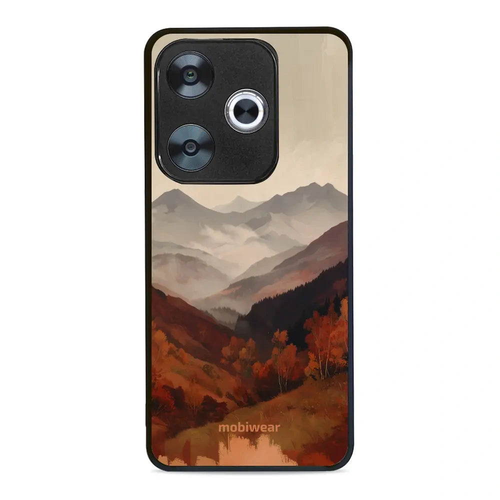 Handyhülle für Xiaomi POCO F6, Mobiwear Glossy Case, Nebliges Tal in den Bergen