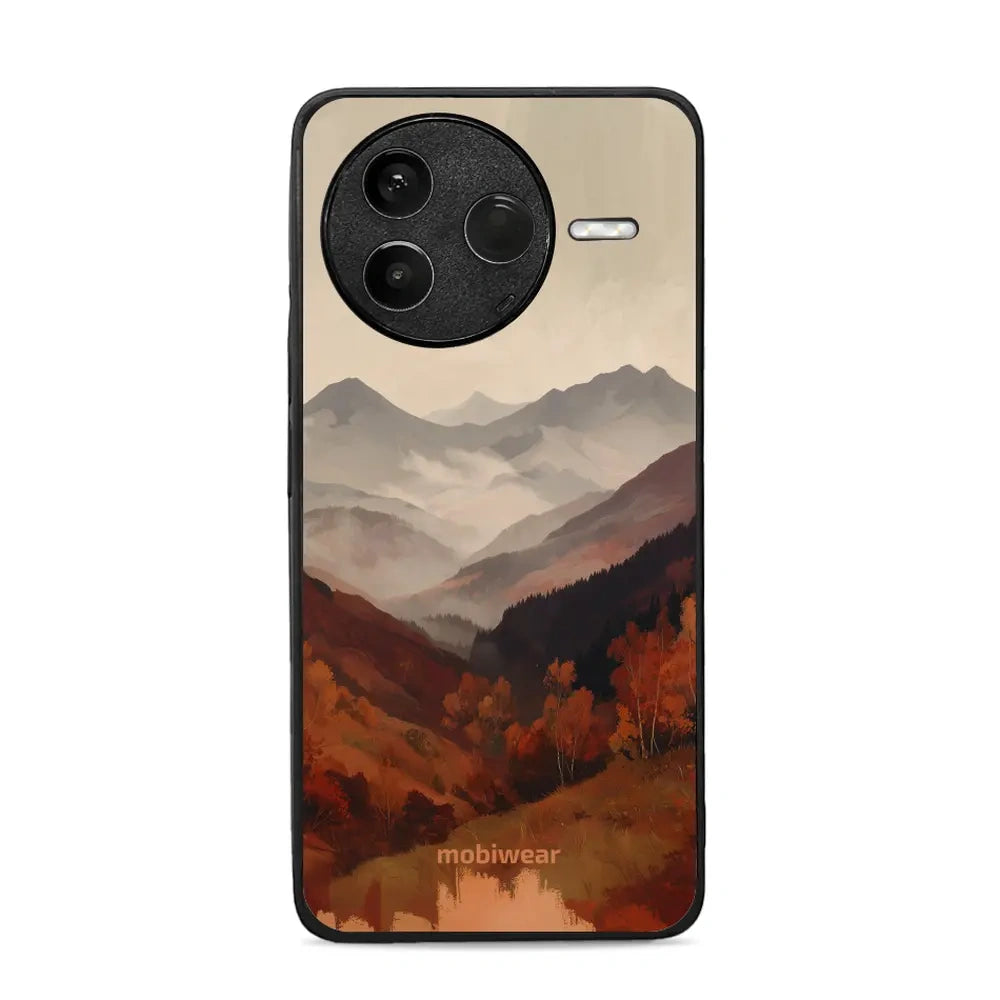 Handyhülle für Xiaomi POCO F7 Pro, Mobiwear Glossy Case, Nebliges Tal in den Bergen