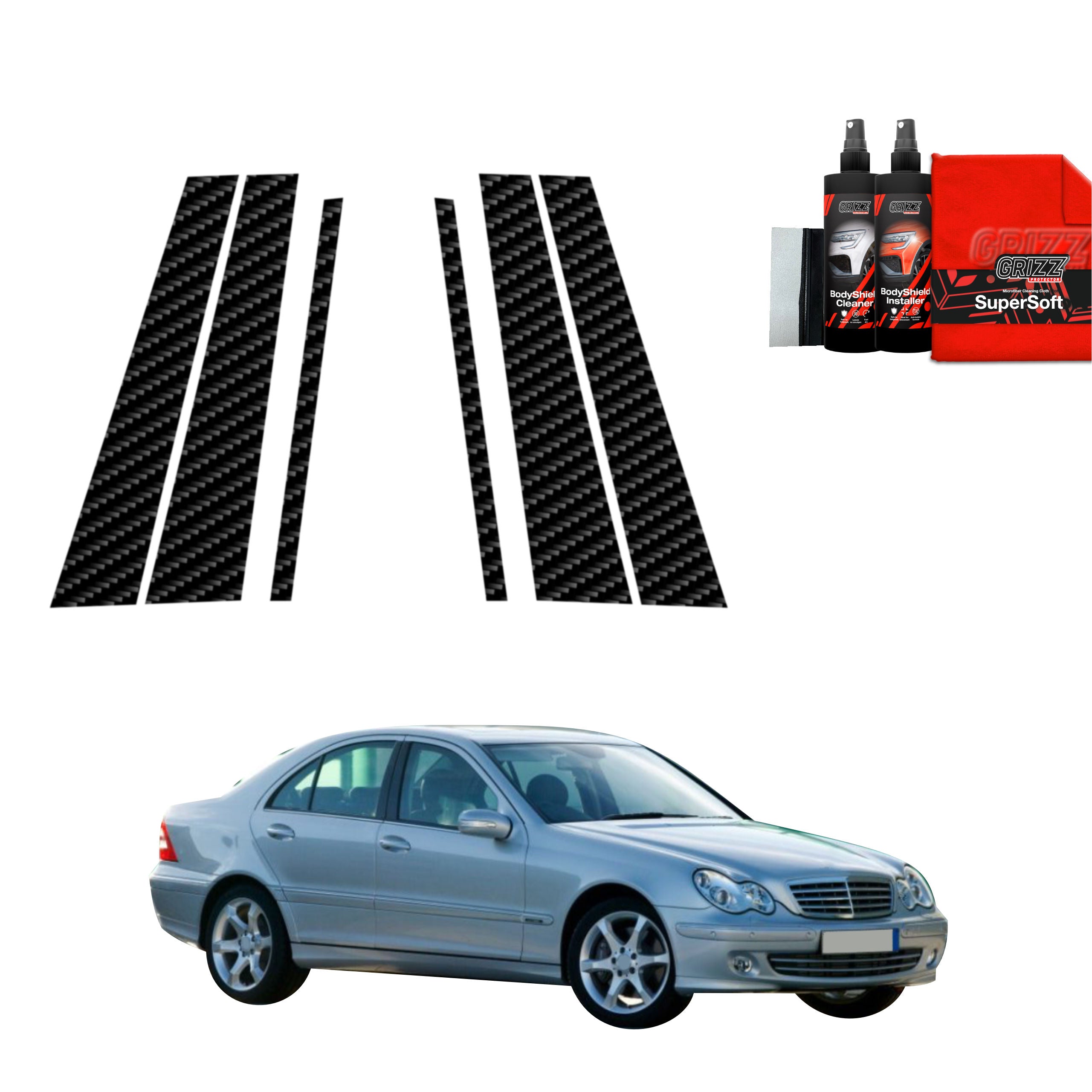 6in1 Kohlenstoff Schutzfolie Grizz Protector für B-C-Säule - Mercedes Benz C Klasse W203 Sedan (2000-2007)