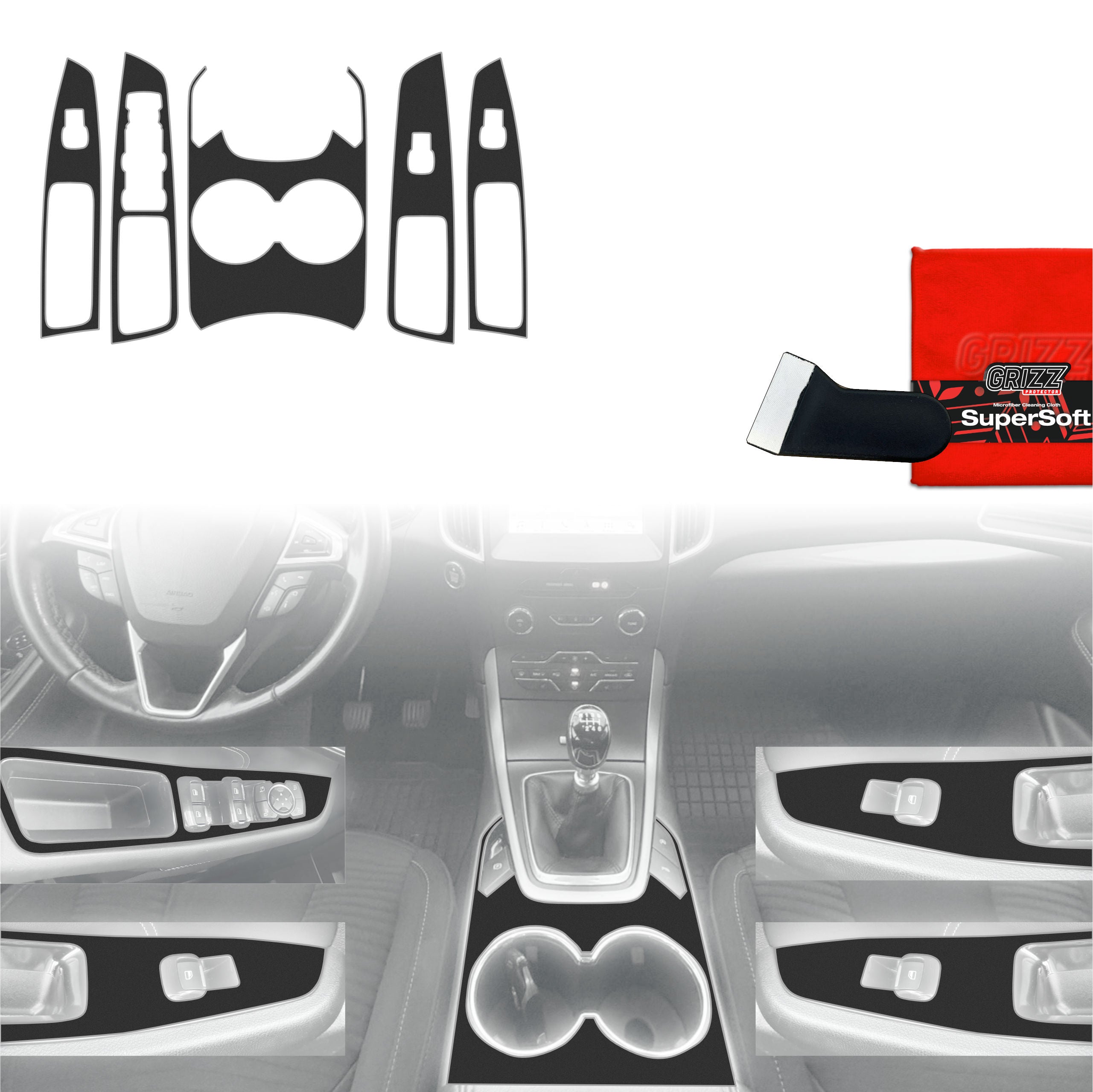 5in1 Schutzfolien Grizz Protector für Mittelkonsole - Ford S-Max MK2 (2015-2023) Schwarz Matt Antifingerprint