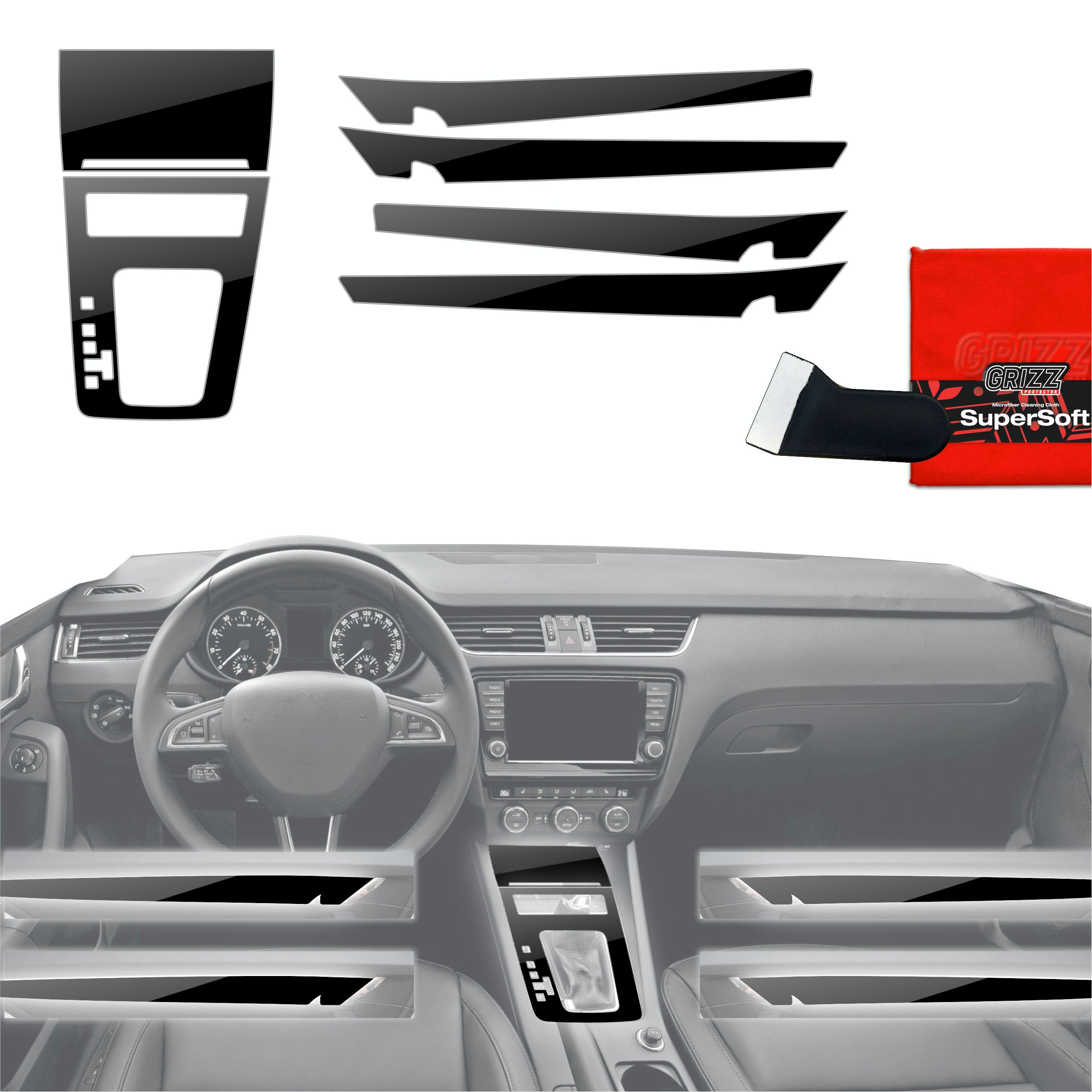 6in1 Schutzfolien Grizz Protector für Mittelkonsole & Armaturenbrett - Skoda Octavia 3 DSG (2017-2020) Schwarz Glanz