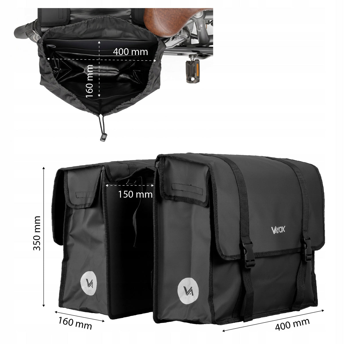 Fahrradtasche für den Gepäckträger, doppelt mit Griff, Vayox VA0446 40L, Schwarz