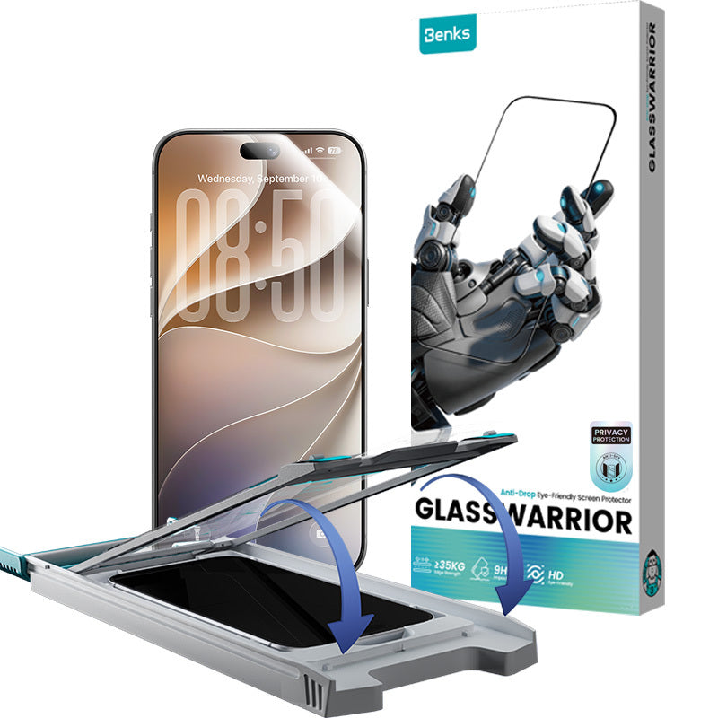 Panzerglas für iPhone 18 Pro, Benks Glass Warrior Privacy, Schwarz (12/12)