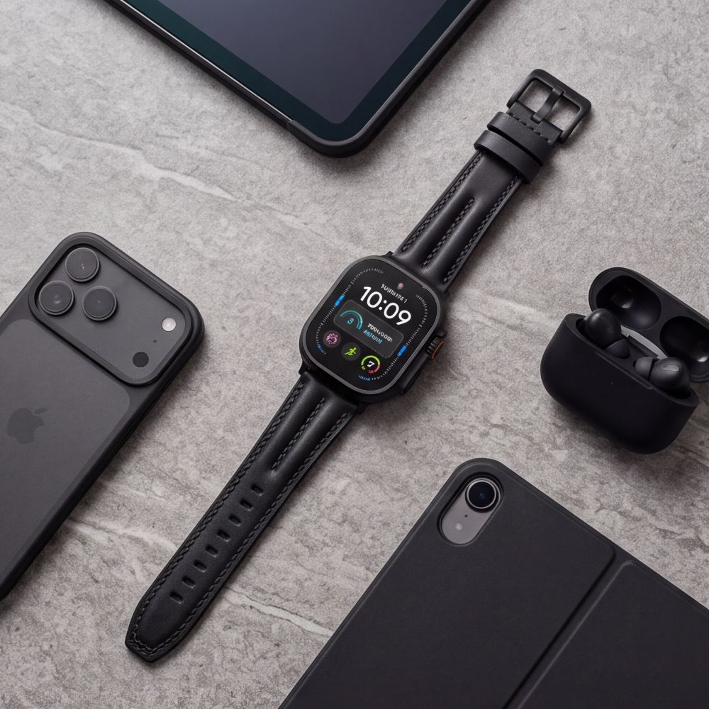 Armband für Apple Watch 44/45/46/49 mm, Tech-Protect Leatherfit Craft, Schwarz (5/7)