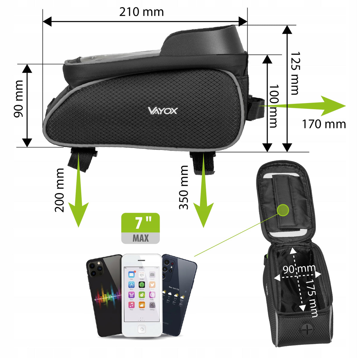 Fahrradtasche für den Rahmen mit Handyfach, Vayox VA0450 1.2L, Schwarz