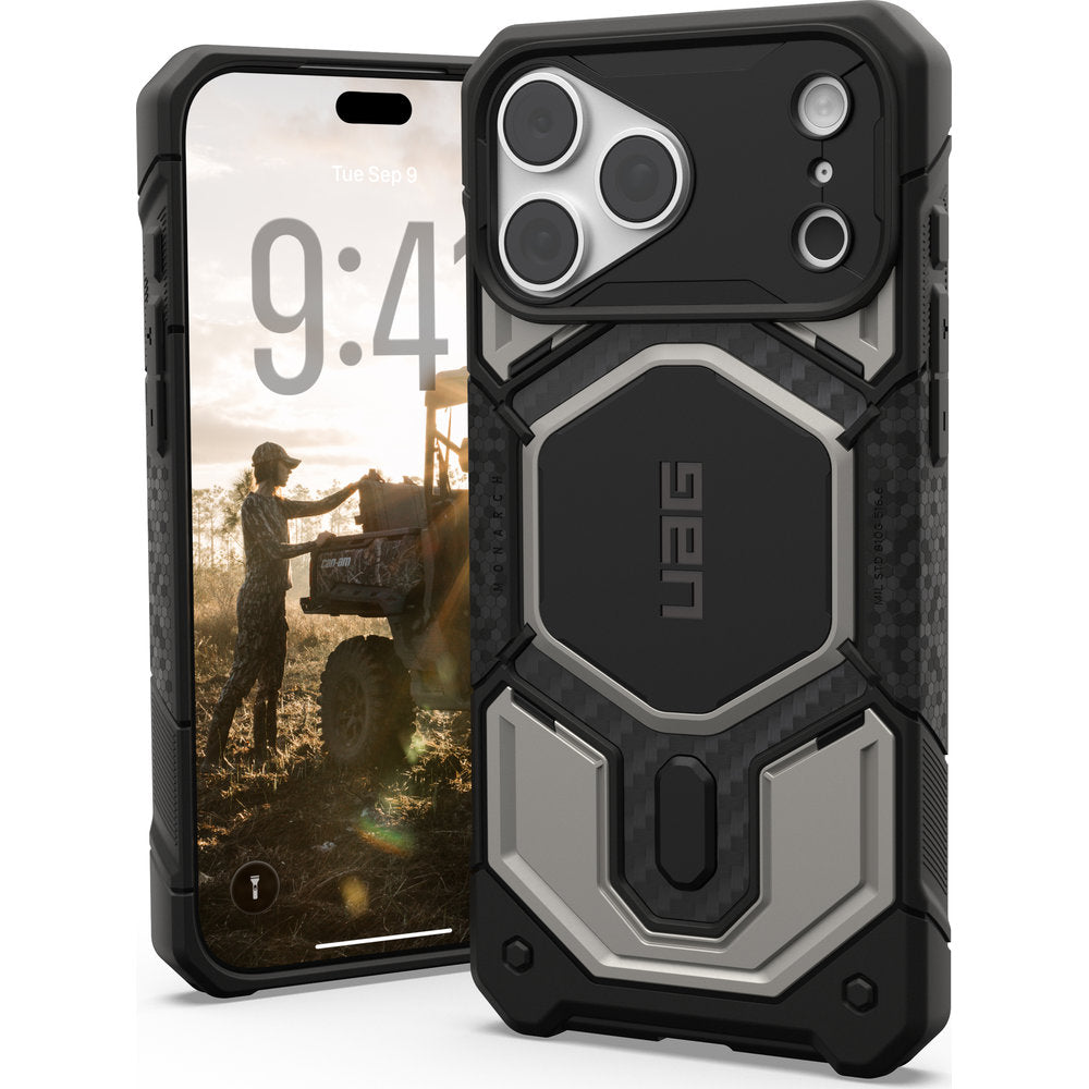 Handyhülle für iPhone 18 Pro Max / 17 Pro Max, UAG Monarch Pro mit MagSafe, Titan/Schwarz mit Kohlefaser (1/16)