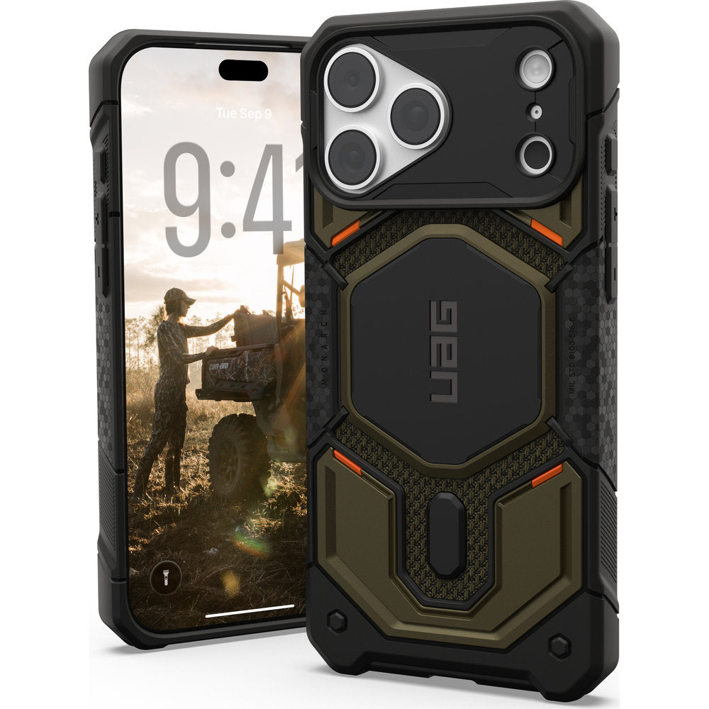 Gepanzerte Handyhülle für iPhone 18 Pro Max / 17 Pro Max, UAG Monarch Pro Kevlar Mag mit MagSafe, Dunkelgrün und Schwarz mit Kevlar (1/16)