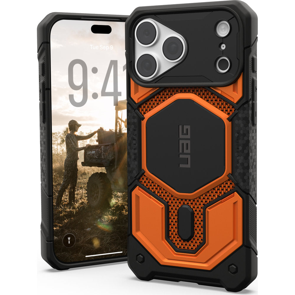 Gepanzerte Handyhülle für iPhone 18 Pro Max / 17 Pro Max, UAG Monarch Pro Kevlar Mag mit MagSafe, Orange und Schwarz mit Kevlar (1/16)