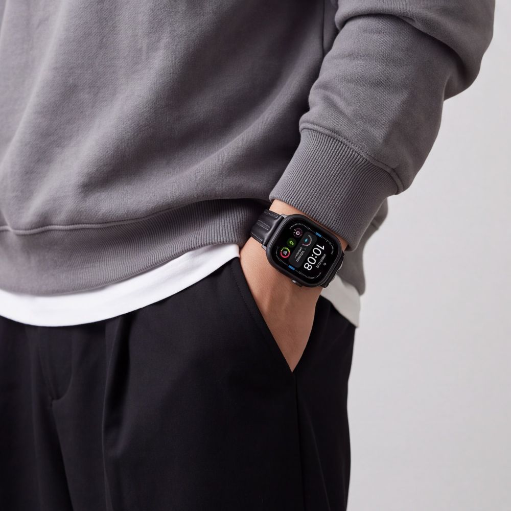 Armband für Apple Watch 44/45/46/49 mm, Tech-Protect Leatherfit Craft, Schwarz (6/7)