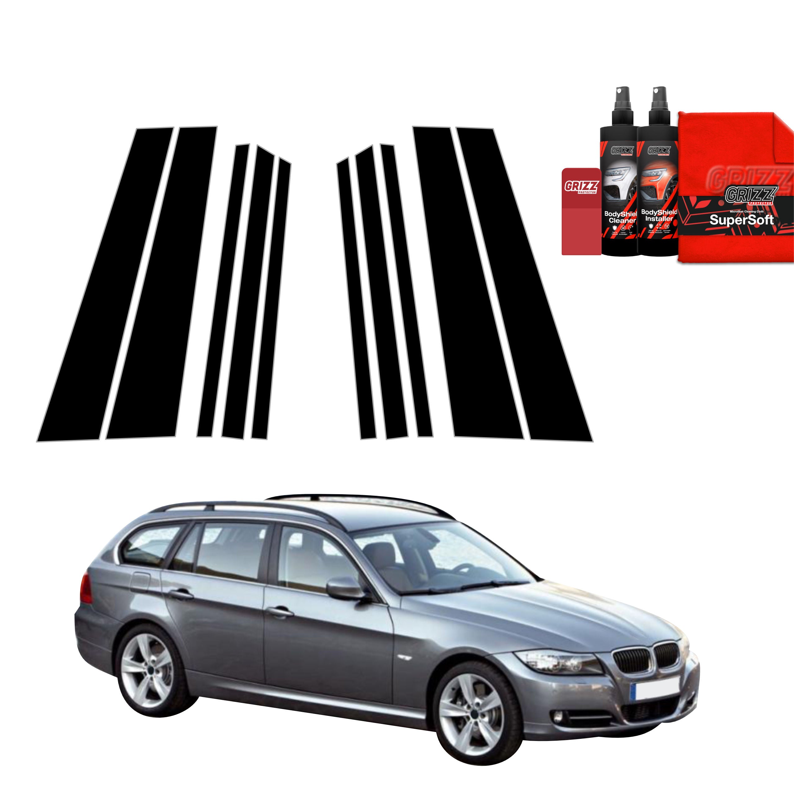 10in1 Schwarze Grizz Protector schutzfolie für B-C-Säule - BMW 3 E91 Kombi LCI (2008-2012)