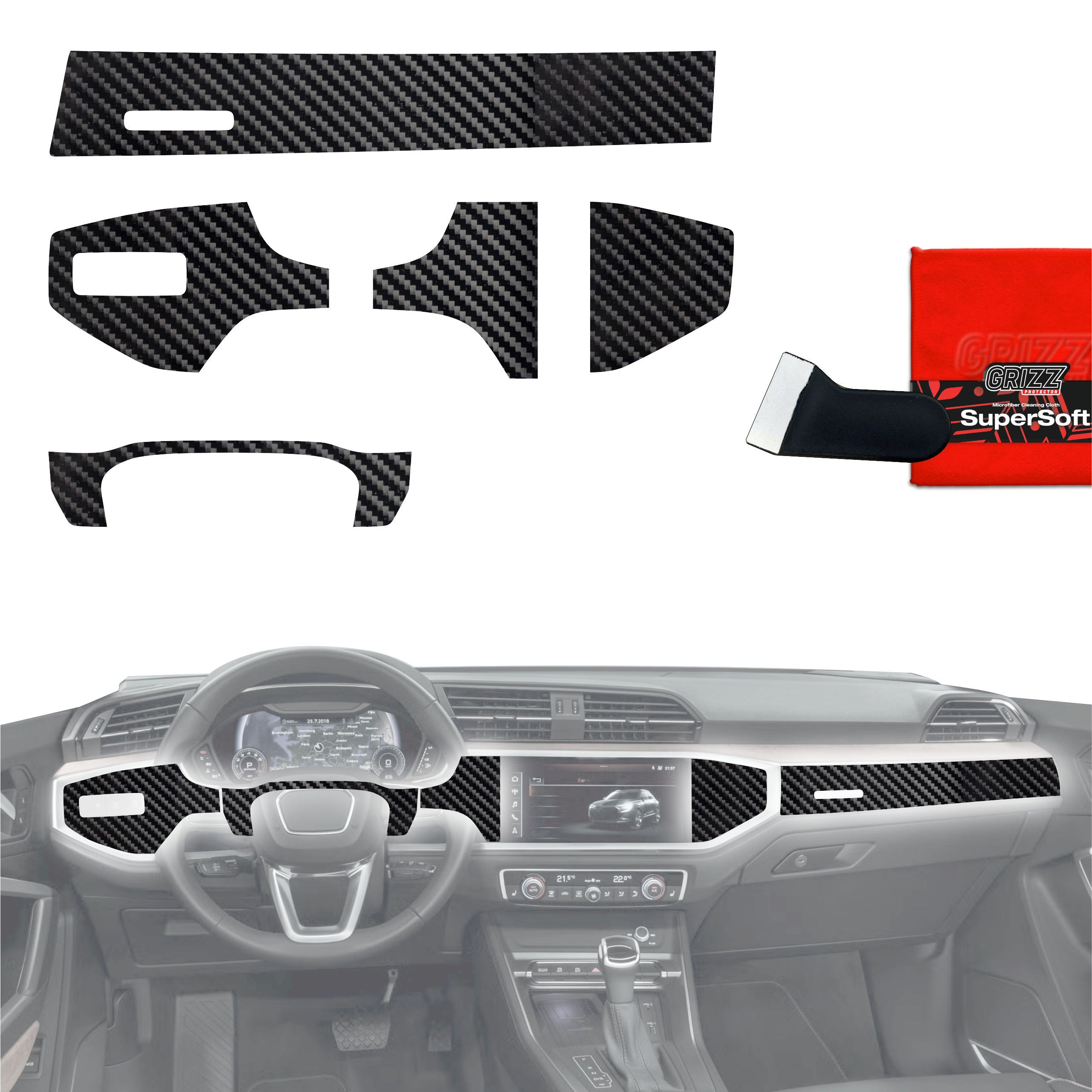 6in1 Schutzfolien Grizz Protector für Mittelkonsole & Armaturenbrett - Audi Q3 (2018-2025) Carbon Optik Glanz