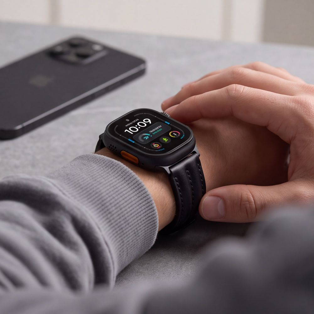 Armband für Apple Watch 44/45/46/49 mm, Tech-Protect Leatherfit Craft, Schwarz (7/7)