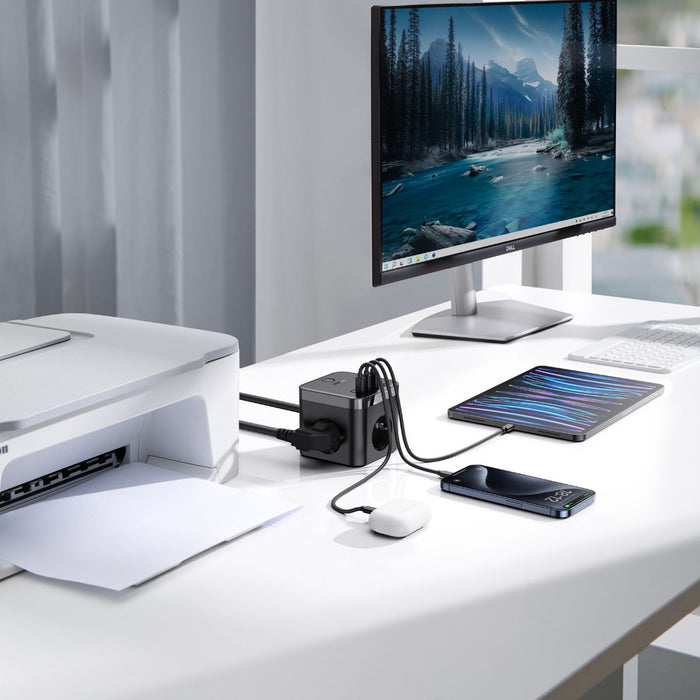 Steckdosenleiste / Verlängerungskabel 3x AC EU Schuko, 2x USB-A, 2x USB-C 30W, mit 1,5 m Kabel, Baseus PowerCombo Cube BPS30-3E, Schwarz