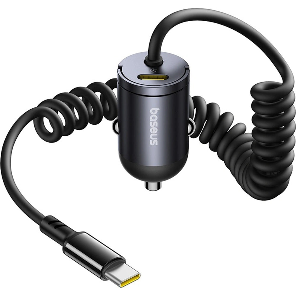 Autoladegerät 30W mit USB-C, Baseus Tiny Star, integriertes spiralförmiges USB-C Kabel, Schwarz