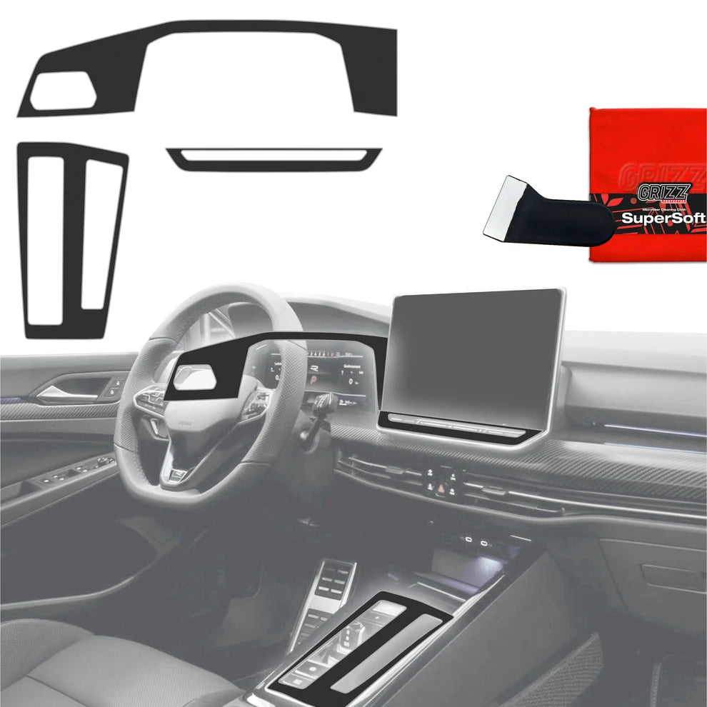 3in1 Schutzfolien Grizz Protector für Mittelkonsole - Volkswagen Golf 8 (2024-2026) Schwarz Matt Antifingerprint