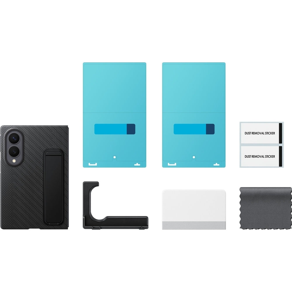 Handyhülle und 2x Anti-Reflexionsfolie für Galaxy Z Fold8, Samsung Carbon Standing Case, Schwarz