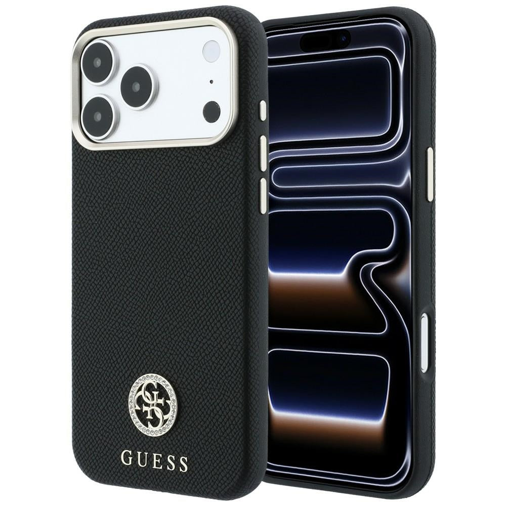 Handyhülle für iPhone 18 Pro / 17 Pro, Guess Grained Round Strass Logo mit MagSafe, Schwarz