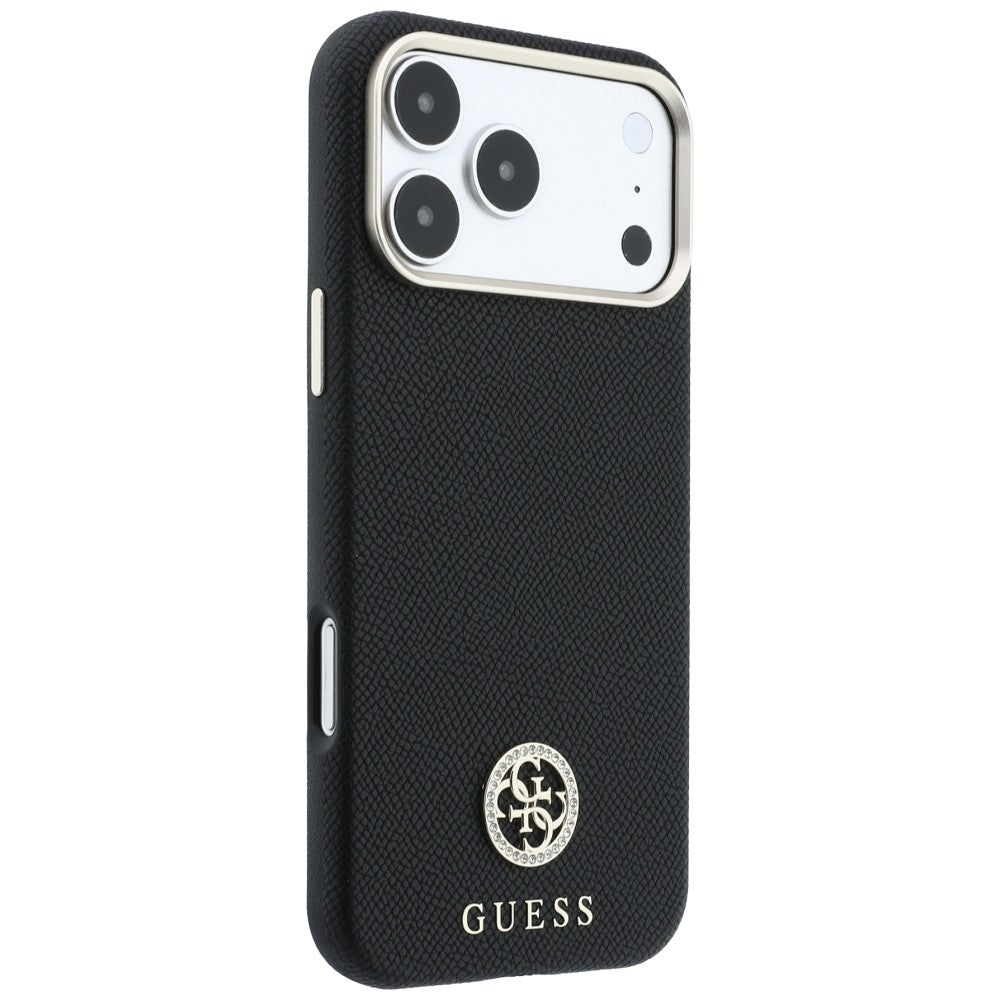 Handyhülle für iPhone 18 Pro / 17 Pro, Guess Grained Round Strass Logo mit MagSafe, Schwarz
