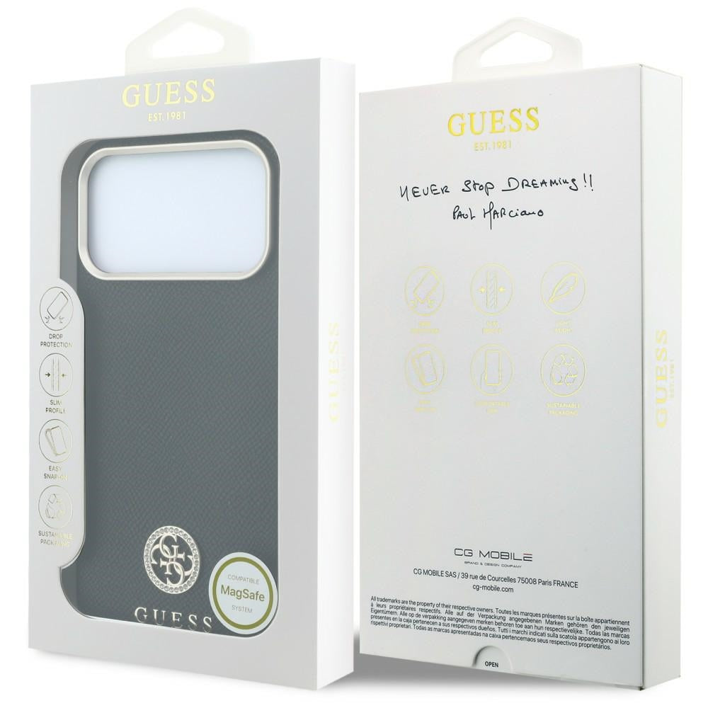Handyhülle für iPhone 18 Pro / 17 Pro, Guess Grained Round Strass Logo mit MagSafe, Schwarz