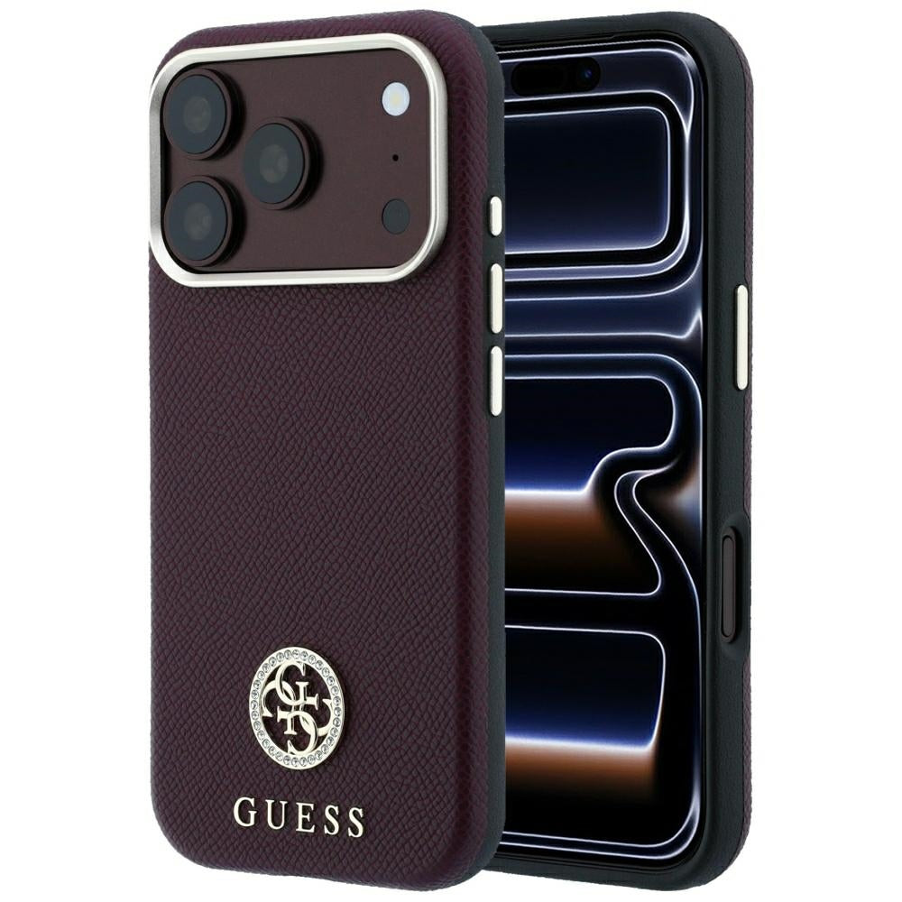 Handyhülle für iPhone 18 Pro / 17 Pro, Guess Grained Round Strass Logo mit MagSafe, Burgunderrot