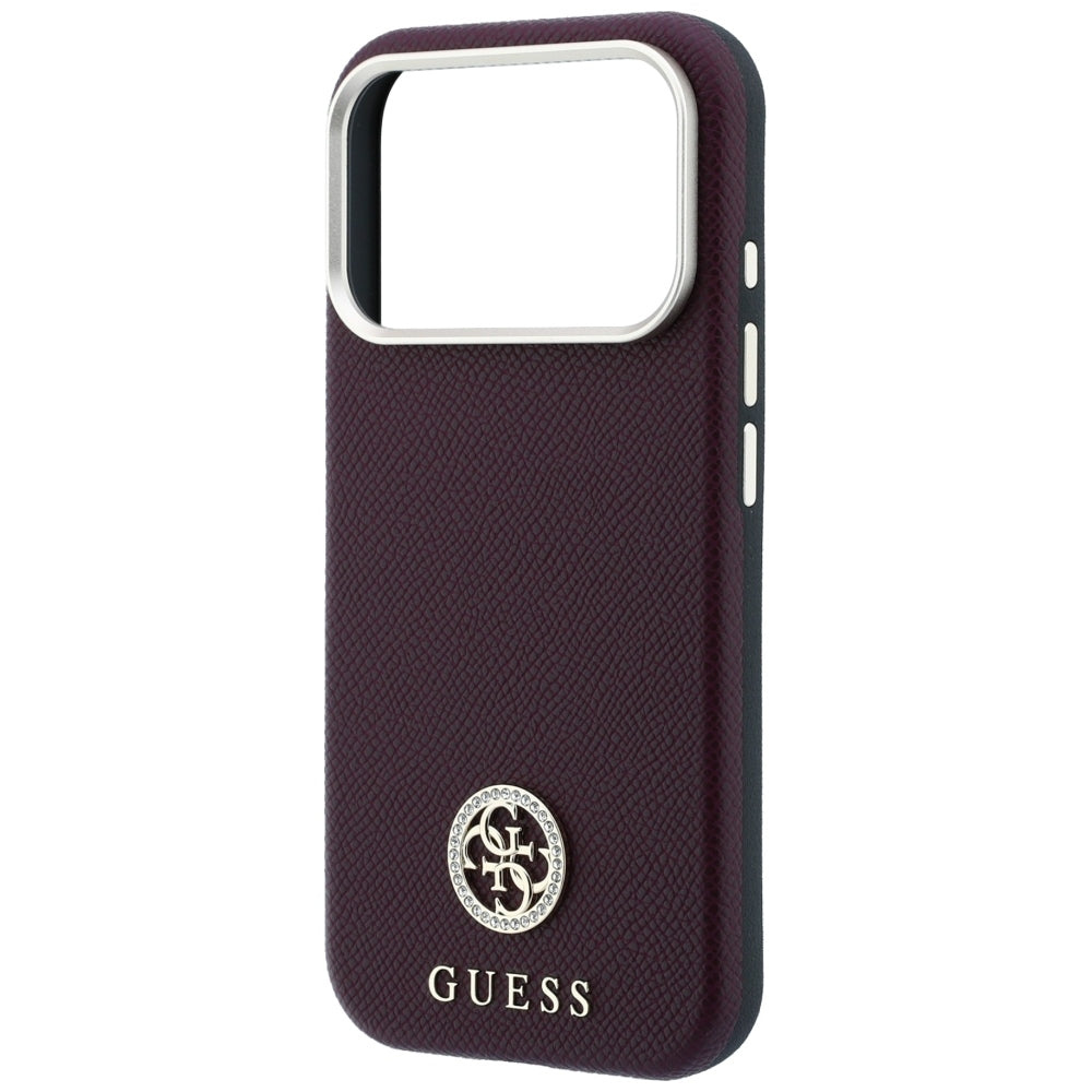 Handyhülle für iPhone 18 Pro / 17 Pro, Guess Grained Round Strass Logo mit MagSafe, Burgunderrot