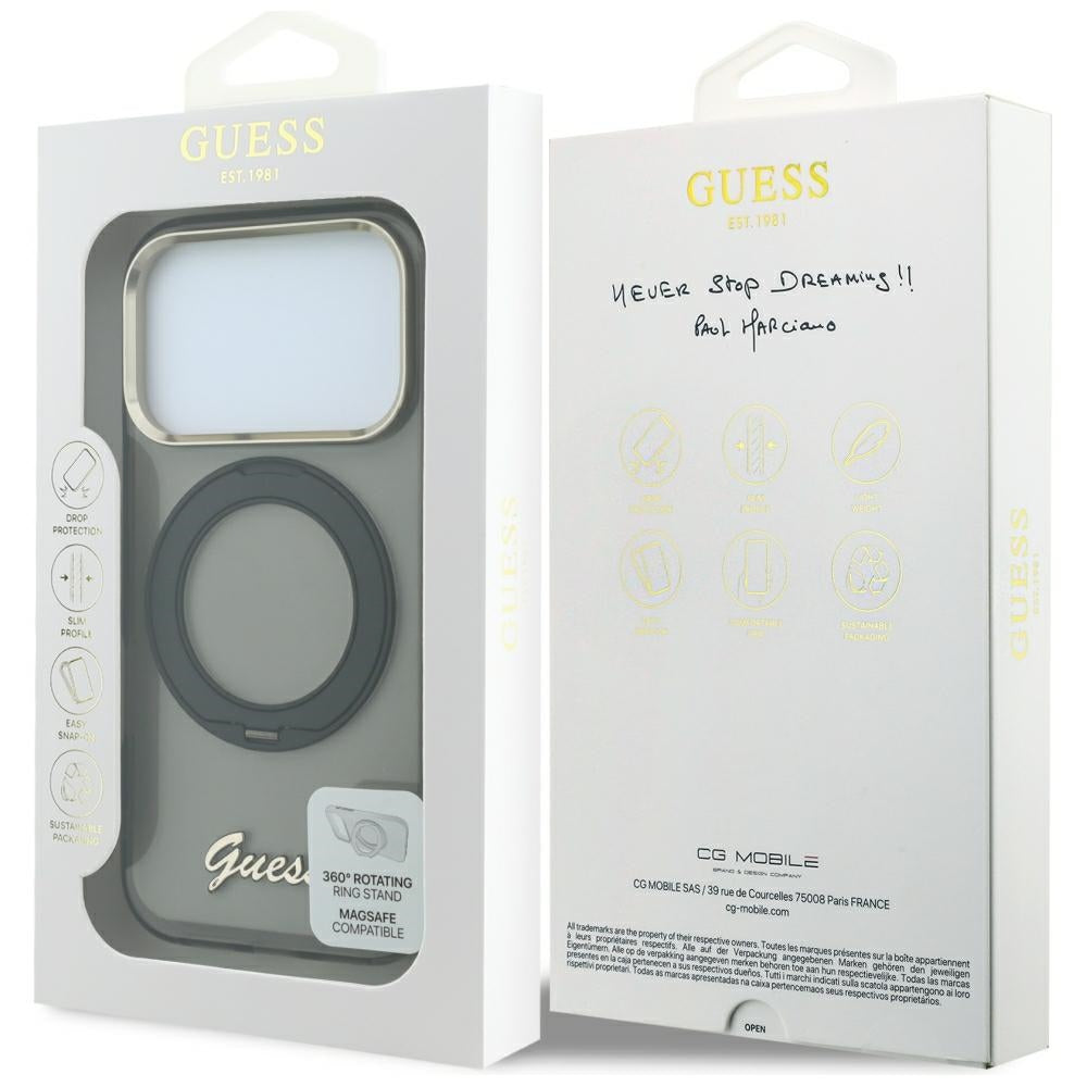 Guess Handyhülle IML Ring Stand 360 Script Metal Logo für iPhone 18 Pro / 17 Pro, Schwarz (7/7)
