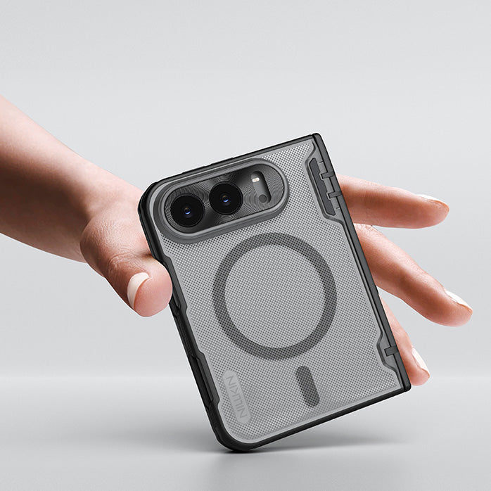 Handyhülle für iPhone Duo, Nillkin Super Frosted Shield Fold Magnetic, Geräuchert mit schwarzem Rahmen (8/8)