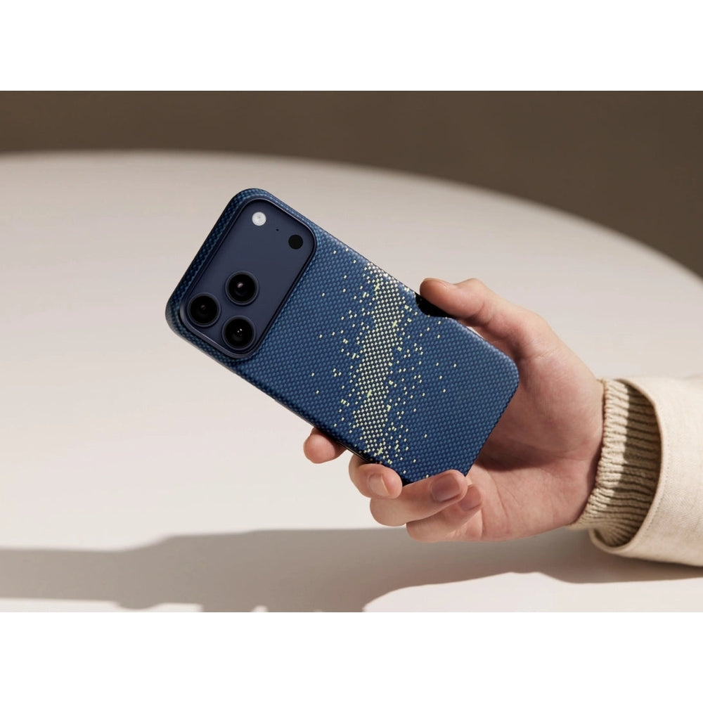 Aramid Handyhülle für iPhone 18 Pro / 17 Pro, PITAKA Edge Ultra-Slim Case PitaTap mit MagSafe, Blau und Grün mit Kevlar (6/7)