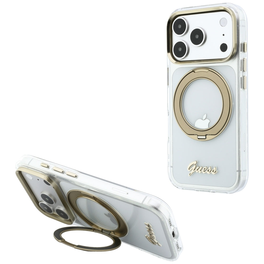 Guess Handyhülle IML Ring Stand 360 Script Metal Logo für iPhone 18 Pro / 17 Pro, Transparent (1/8)
