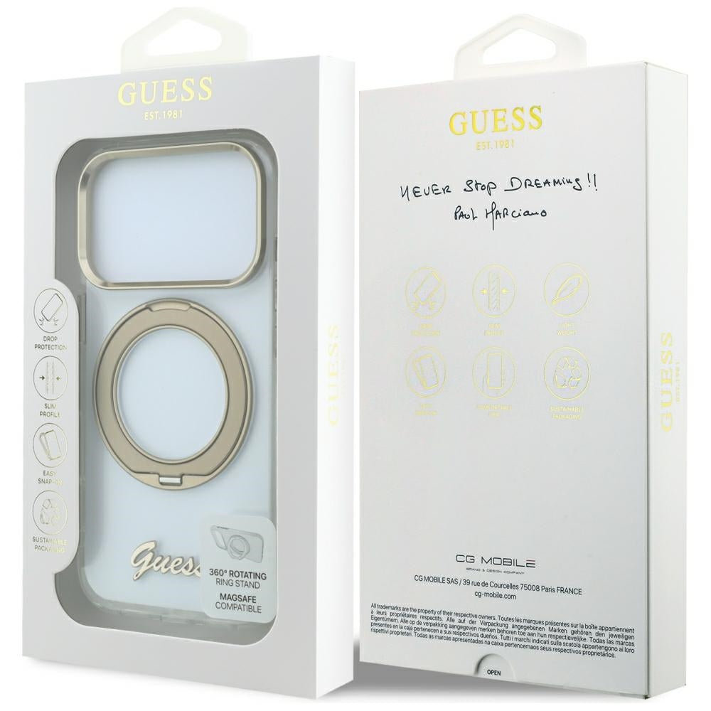 Guess Handyhülle IML Ring Stand 360 Script Metal Logo für iPhone 18 Pro Max / 17 Pro Max, Transparent (8/8)